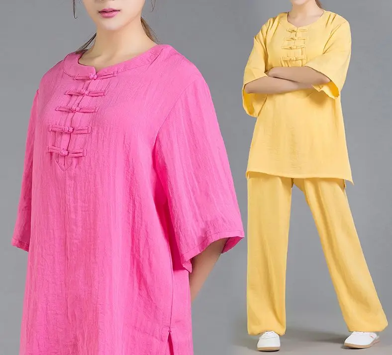 Костюм для йоги из хлопка и льна с коротким рукавом|tai chi suit|tai chikung fu uniform |