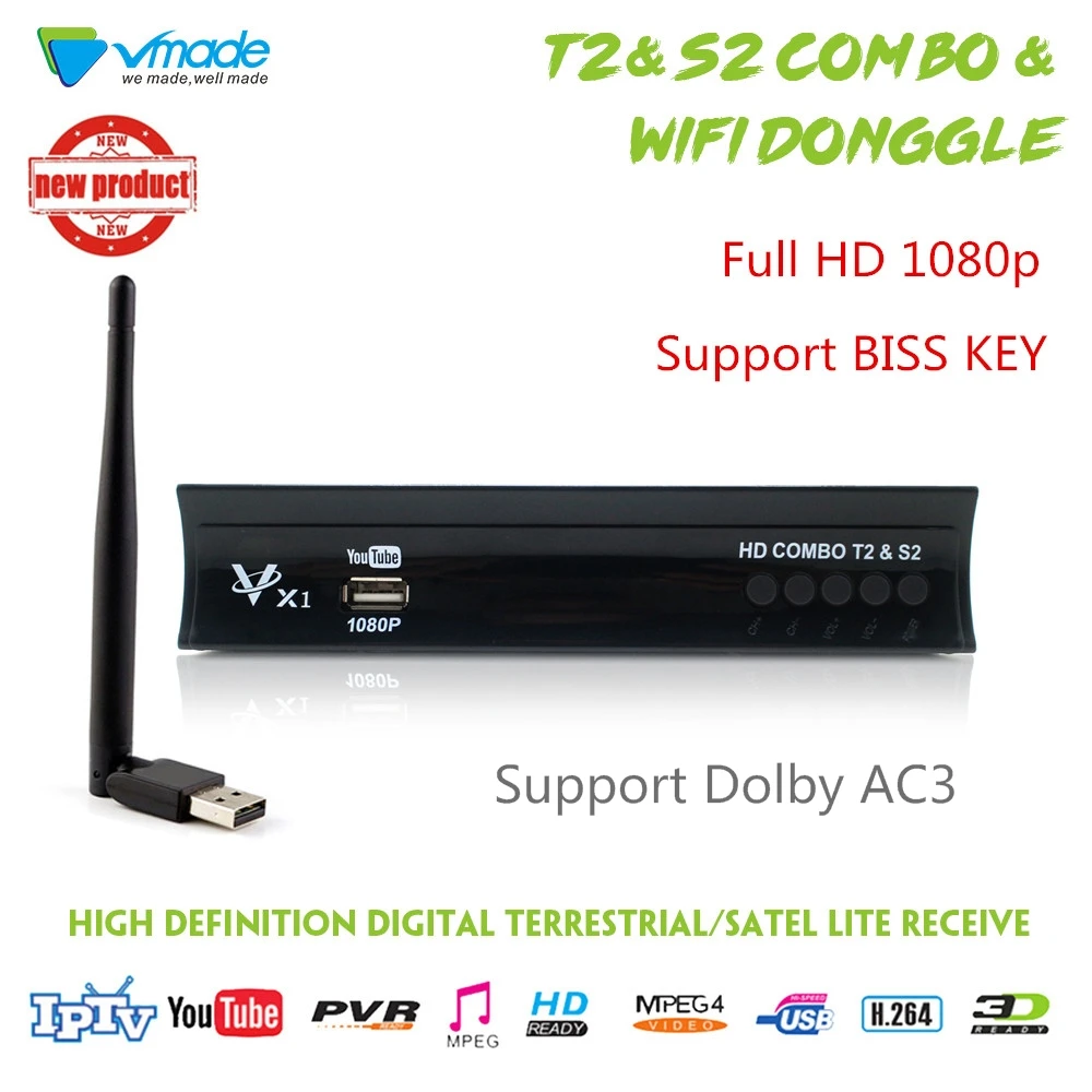 

Vmade Newest HD Set Top Box DVB T2 S2 Combo Receiver H.264 MPEG-2/4 1080p Support AC3 YouTube BISS KEY DVB T2 S2 TV Box+USB WIFI