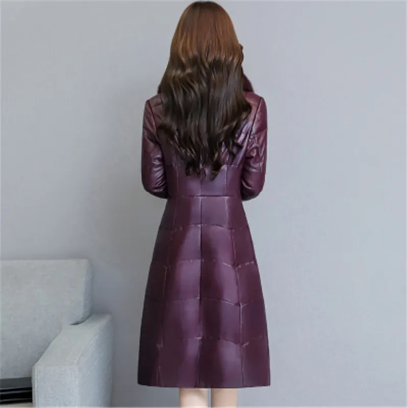 New Fashion Autumn Winter Women Leather Jacket Slim Parka Overcoat Female Faux Fur Collar Plus Size Long Fur Coats A1362