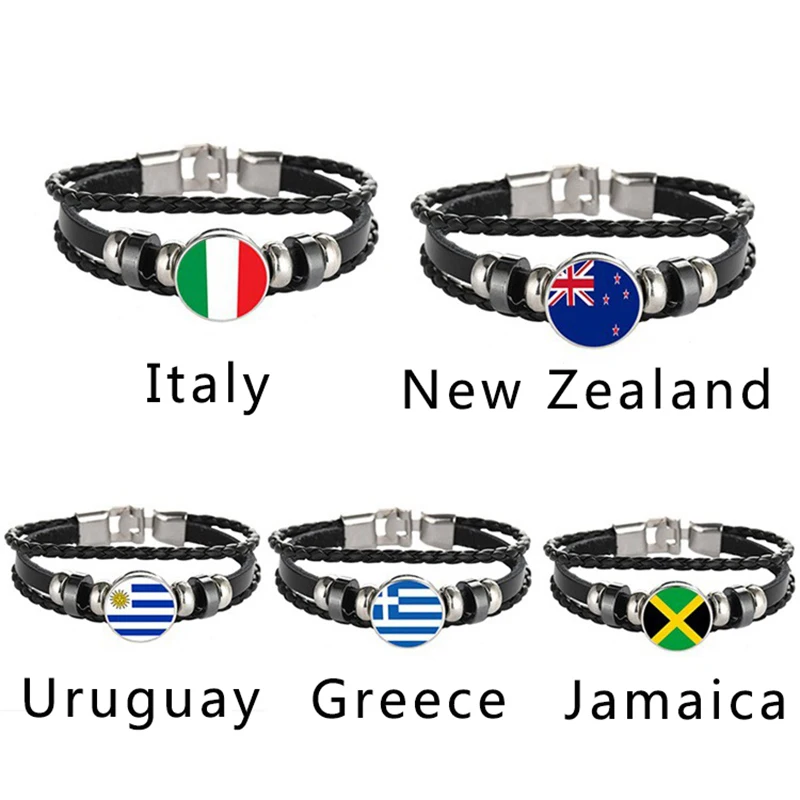 Кожаный браслет с национальным флагом, Италия, Ямайка, Греция, Вьетнам, Новая Зеландия, кожаный многослойный узор, стеклянный кабошон, браслет с подвесками