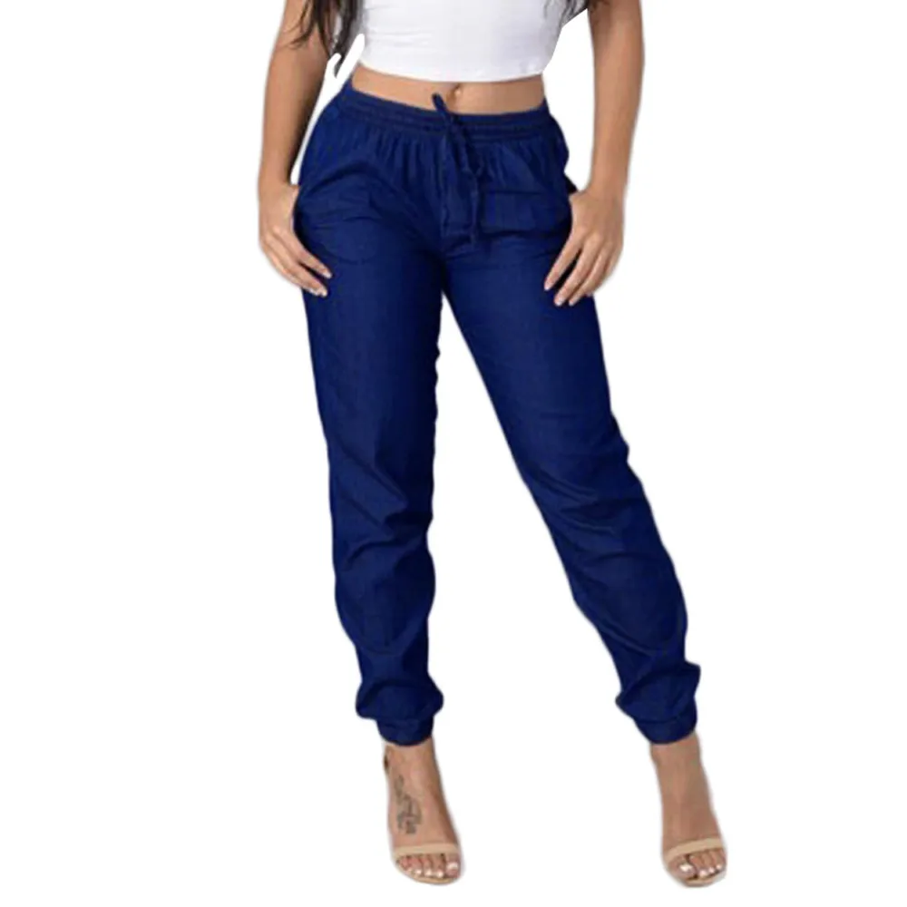 Новые модные популярные джинсы большого размера женские Стрейчевые удобные Полиэстеровые материал Повседневная Талия синие длинные джинсы Femme 40 - Цвет: As shown