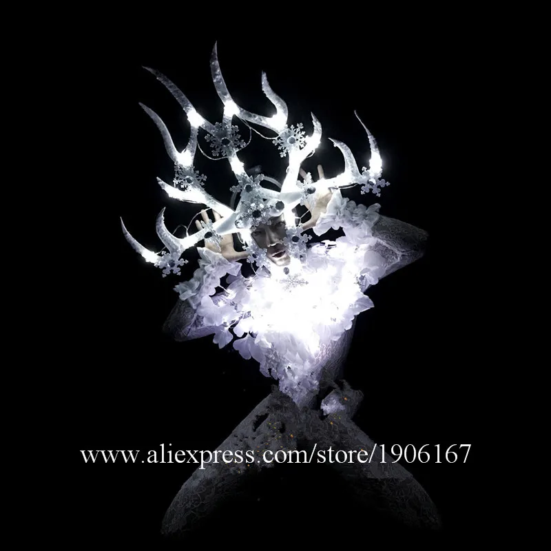 Nightclubs GOGO Men DS White Christmas LED lights Antlers Head Performance Dance Team White Party Costumes04
