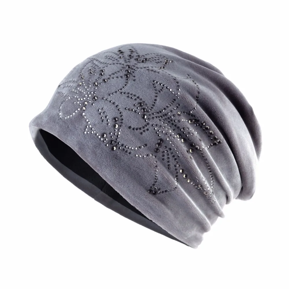 TQMSMY Brand Women's Beanie Lily Flower Rhinestones Hat Women Shine Velvet Kintted Skullies Cap Female Beanie Beanies Cap TMDH59 3