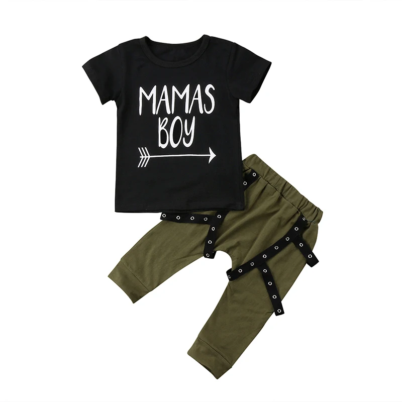 Футболка с надписью «MAMAS Boy» и Дети комплекты для мальчиков короткий рукав Футболка с изображением стрелки Топы + длинные брюки, брюки