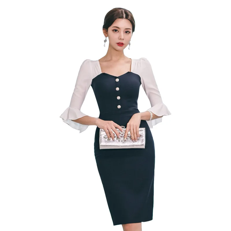 

Plus Size Patchwork Pencil Summer Dress 2019 Women Black Full Flare Sleeve Square Collar Elegant Office Dress Work Lady Dresses