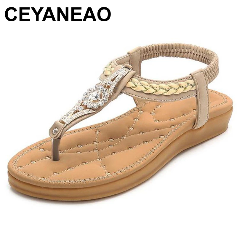 

CEYANEAO Women's sandals made of genuine leather with rhinestones sandal on flat sole with rhinestone Bohemian-style beach style