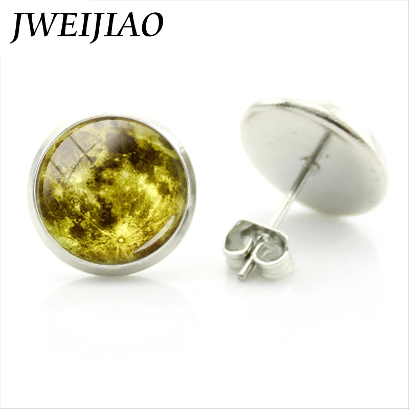 JWEIJIAO Moon Galaxy Planet Harajuku цветные круглые стеклянные серьги гвоздики с кабошонами
