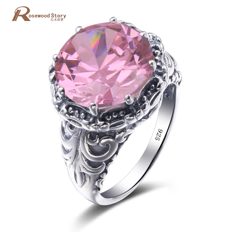 

Vintage Handmade Engagement Ring Pink Rhinestone Crystal 925 Sterling Silver Wedding Bands Engraved Rings for Women Rock Metal