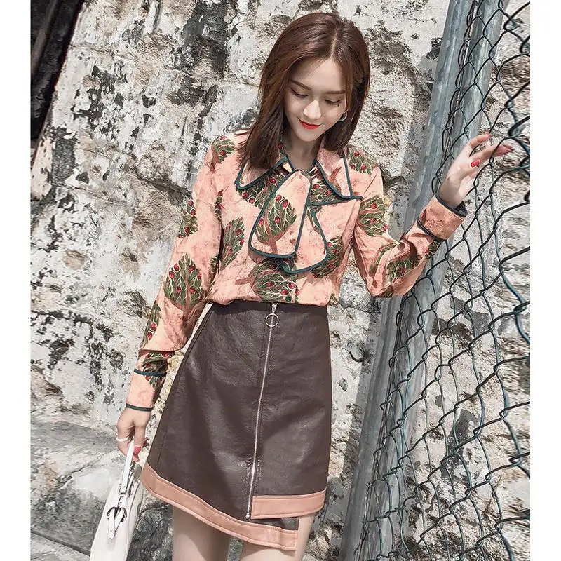 

New Summer Women Sweet Floral Print Slim Blouse+Elegant A Line Irrugular Hem Mini Leather Skirt Set Female Party Casual Suit Z95