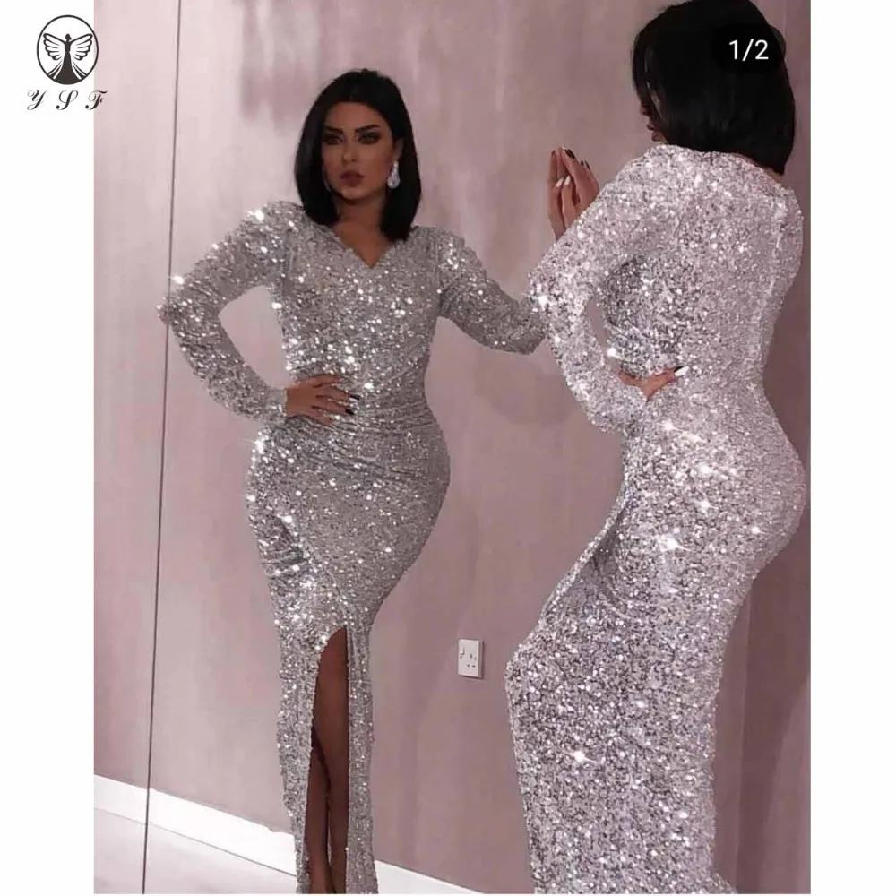 

Simple but Elegant V Neck Sequins Bling Bling Side Slit Floor Length Formal Prom Dresses 2019