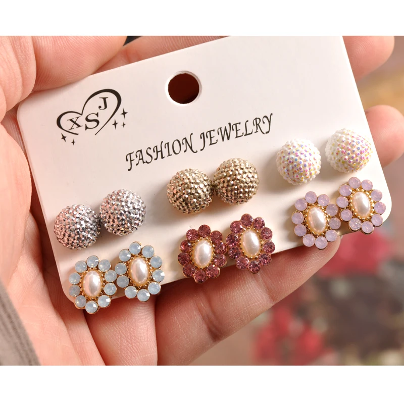

New fashion women jewelry wholesale girls pearl earring pink mix-and-match beautiful 6 pairs /set earrings gift agency shipping