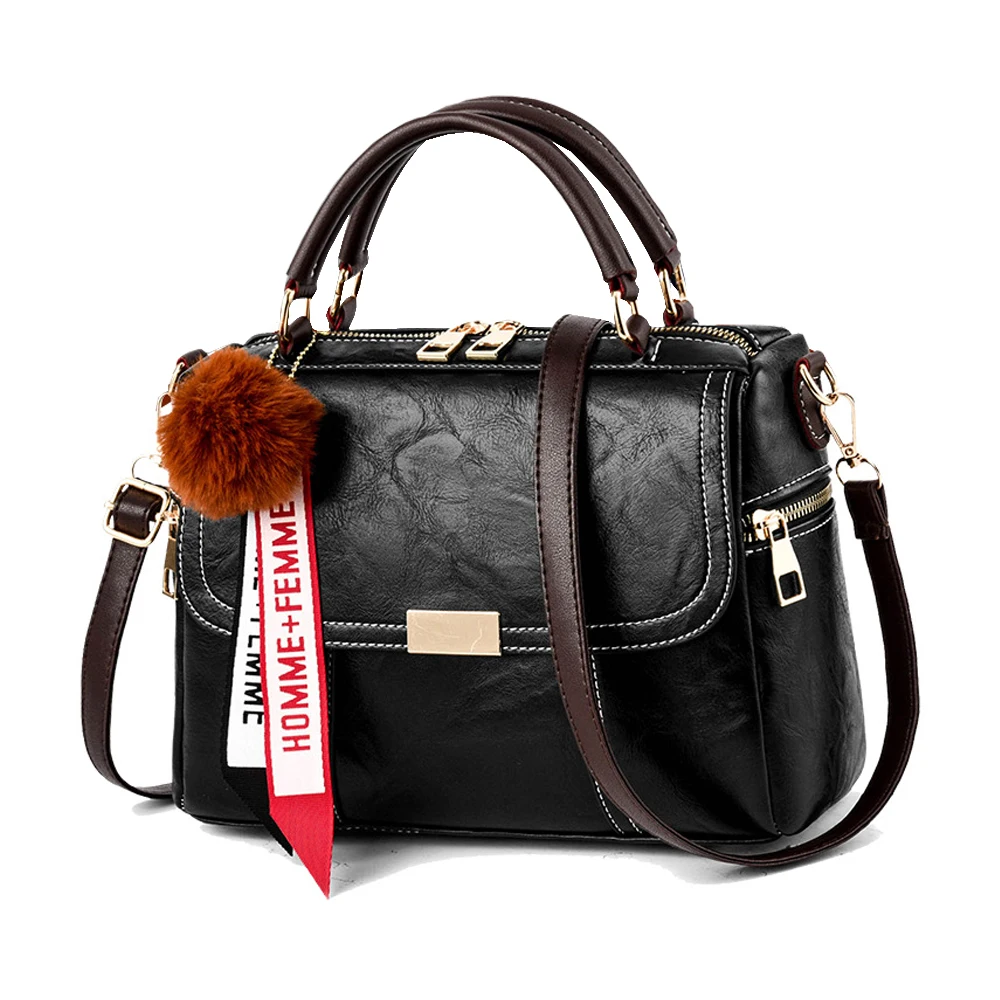 

2019 Retro Bags for Women PU Leather Boston Handbag with Hair Ball Fashion Ladies Hand Bag Female Totes Shoulder Crossbody Bag
