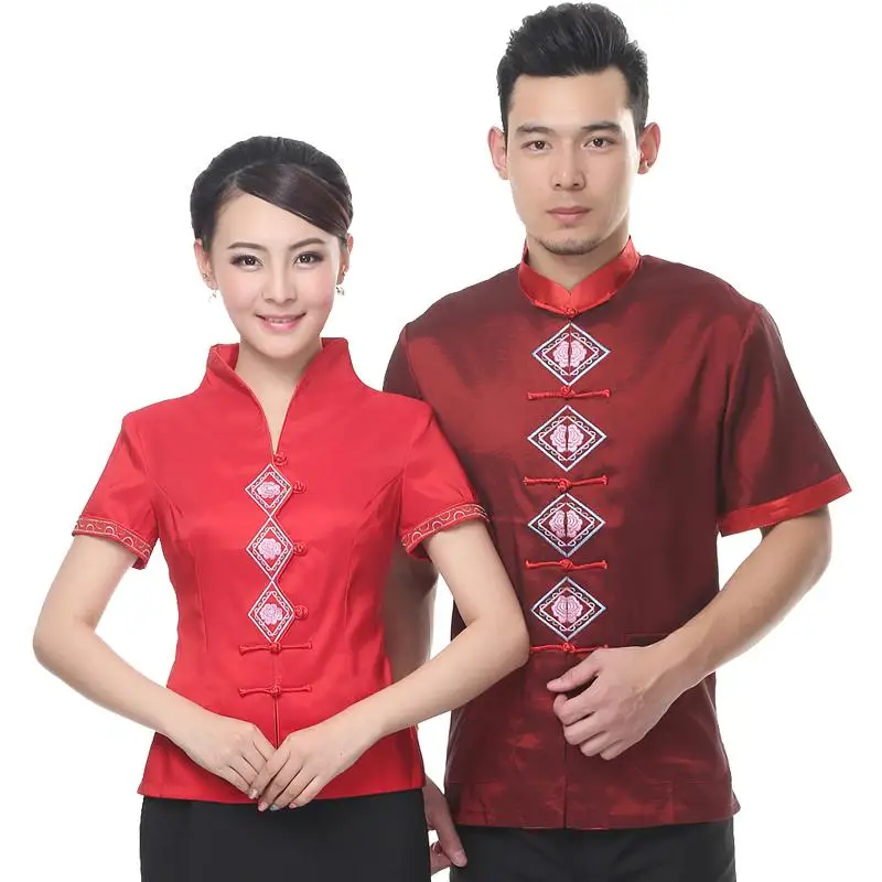 Форменной одежде летние женские китайский ресторан официант с короткими рукавами новые летние с коротким рукавом китайский костюм M-3XL