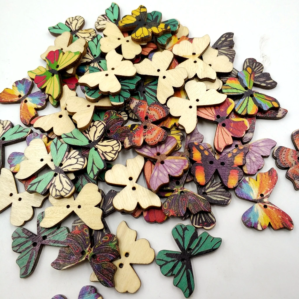 50pcs Vintage Wood Buttons 2 Holes Butterfly Buttons for Sewing Scrapbooking