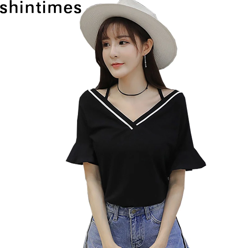 

Summer Plus Size Korean Fashion T Shirt Women 2019 Loose Cotton V-Neck Black White Tee Shirt Femme Flare Sleeve Tshirt Women