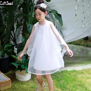 

Cultiseed Girl Summer Dress 2020 Children Lace Mesh Princess Party Dress Kids White Loose Dress Flower Girl Birthday Party Dress