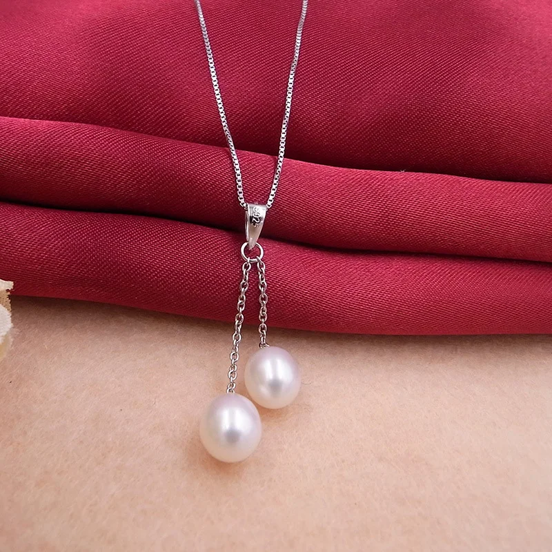Genuine Double Freshwater Pearl Pendants Necklaces 925 Silver