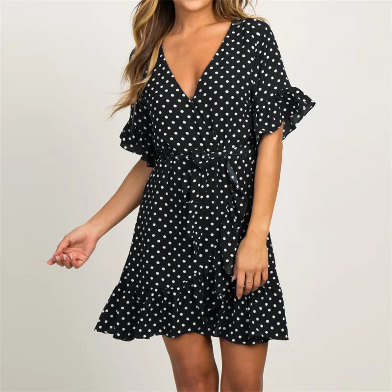 

Vintage Polka Dot Summer Chiffon Beach Dress Sexy Deep V-Neck Mini Party Dress Casual Boho Ruffle Short Sleeve Bandage Dress