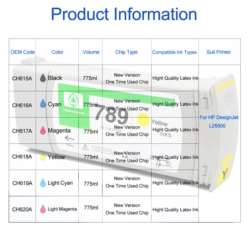 6 шт./партия для hp 789 Восстановленный картридж с латексными чернилами для hp Latex L25500 принтер для hp 789 латексные чернила