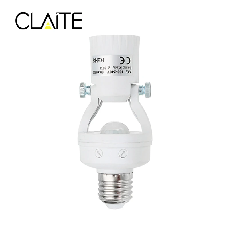 

CLAITE AC100-240V 60W E27 To E27 Light Base Rotatable Infrared PIR Motion Sensor Bulb Socket Lampholder