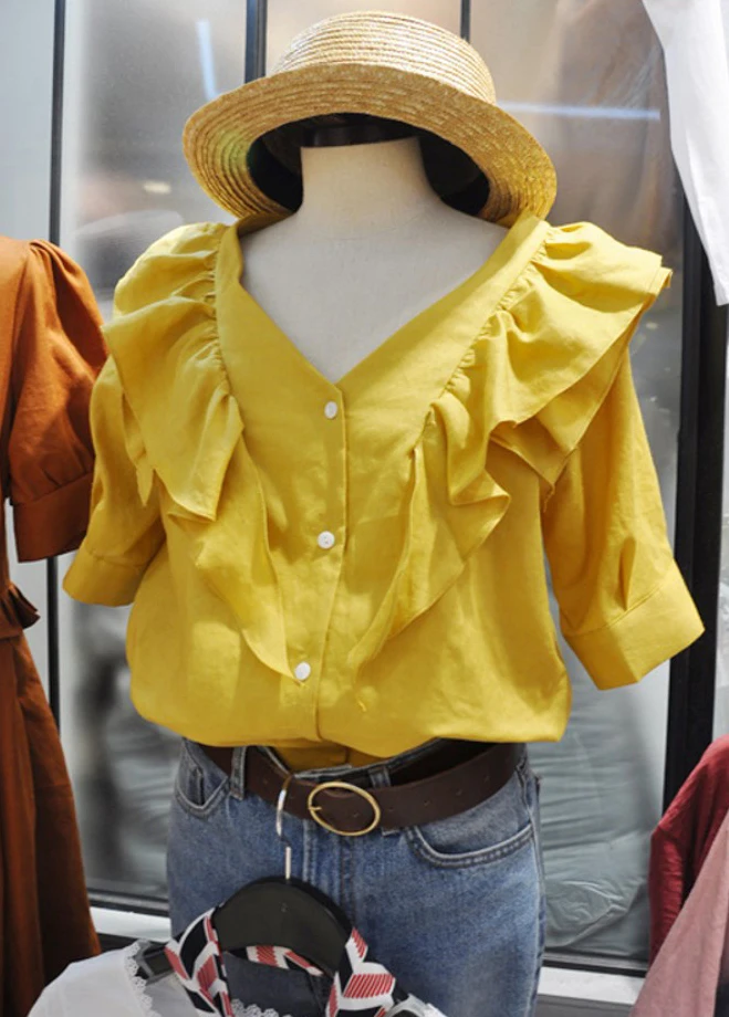 

2019 Summer New Fashion Korean Elegant Women Shirts V-neck Lotus Edge Button Short-sleeved Shirts Streetwear Casual Shirts