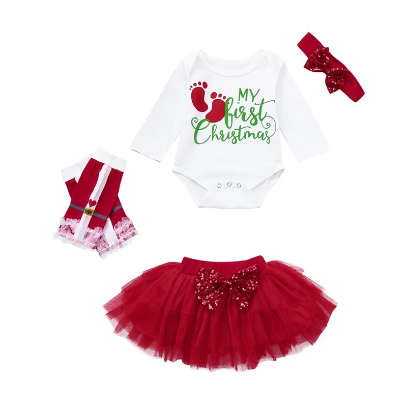 

2018 4Pcs Newborn Baby Girls Clothes Sets Romper Tops Long Sleeve Tulle Skirt Bow Leg Warmer Headbands Clothing Set Chrisma M5
