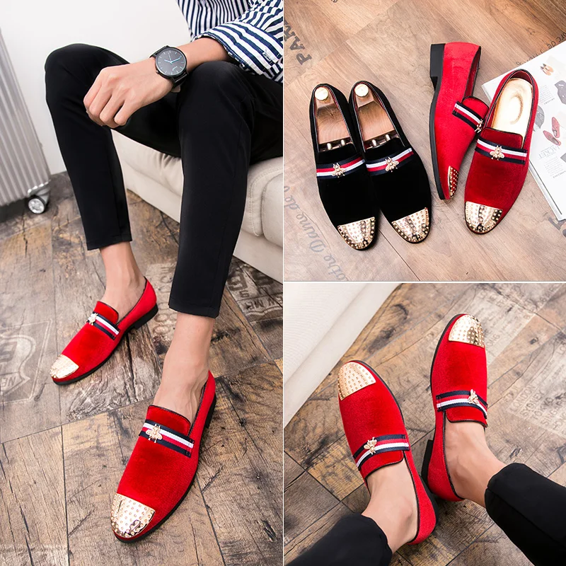 Brand Bee Men Loafers Shoes Rivets Leisure Designer Pointed Toe Velvet Party Lazy Flat Driving Footwear | Спорт и развлечения