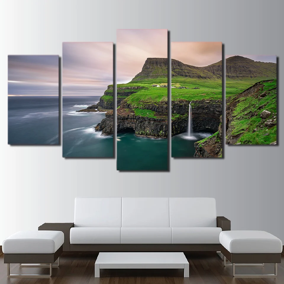 Холст HD печати плакатов Wall Art 5 шт. Фарерские острова Gasadalur Водопад для живописи