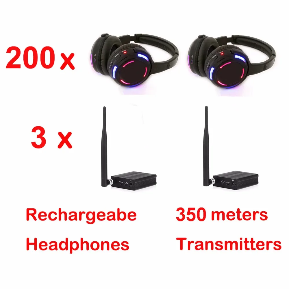 Professional 500m distance Silent Disco 200 LED Headphones with 3 transmitters- RF Wireless For DJ club party meeting broadcast |