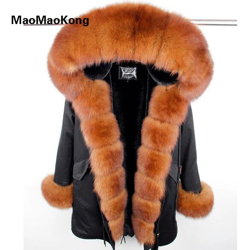 MaoMaoKong/куртка из натурального Лисьего меха пальто с капюшоном и воротником