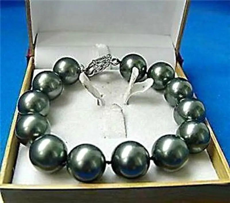 

BIG! 14mm black Sea Shell Pearl Round Beads Bracelet 8'' AAA+
