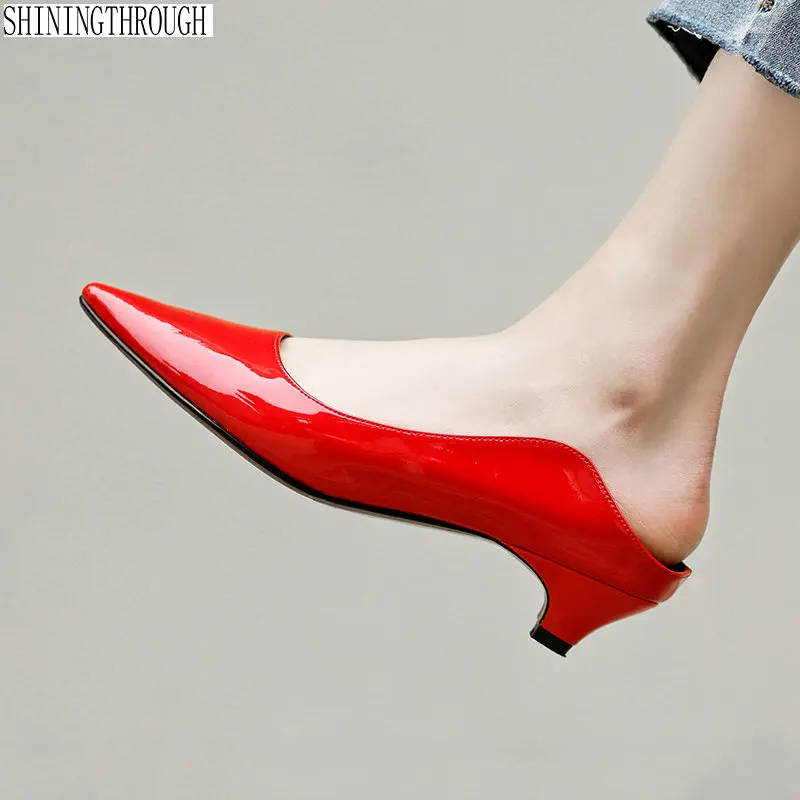 

2019 cow Leather Pointy Sexy Slippers Fasciola Decorated Low Heel Newest Comfortable Leather Mules Shoes size 42