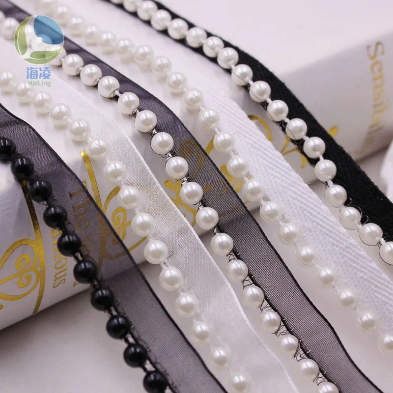 

HaiLing 2y/lot 6mm Black/White Pearl Beaded Lace Trim Fabric Ribbon DIY Collar Sewing Crafts Garment Home Decor Materials