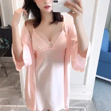 Абсолютно Шелковый Атласный Женский халат и платье наборы Лето 2 шт платье для сна+ халат сексуальная пижама платье Ночная рубашка домашняя одежда