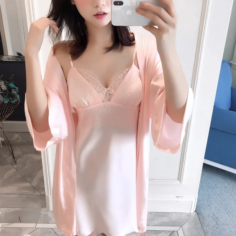 Brand New Silk Satin Women Robe &amp Gown Sets Summer 2 Pcs Sleep Dress+Robe Sleepwear Sexy Night Nightdress Home Wear | Женская одежда