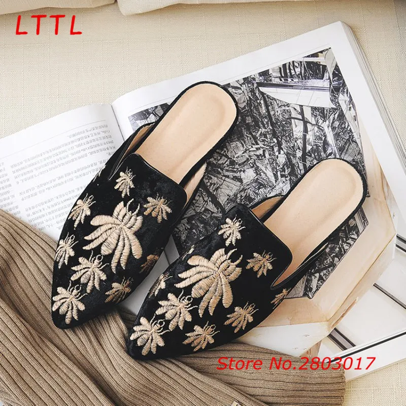 

Summer New Women Embroidery Casual Pointed Toe Slippers High Quality Cozy Outside Single Shoes Square Heel Low Heel Women Shoes
