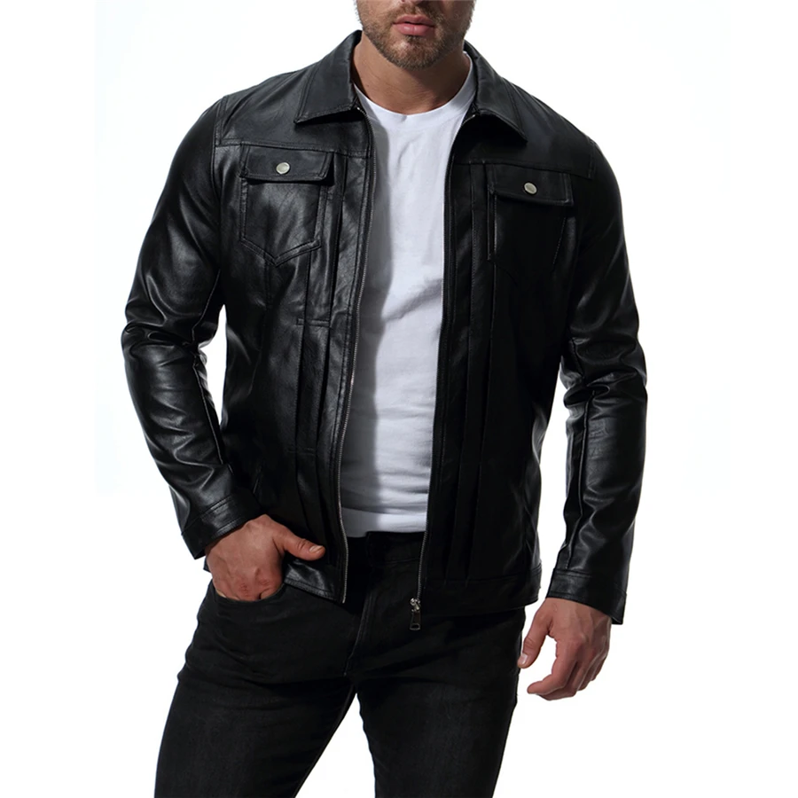  2019 New Fashion Mens Black PU Leather Jacket Loose Comfortable Men Fall and Winter Motorcycle Coat