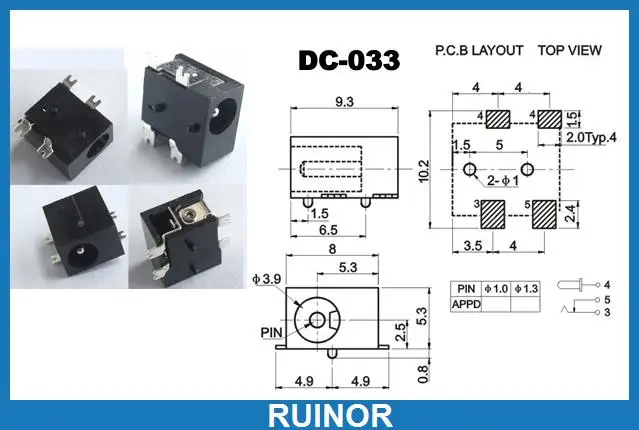 

500pcs 3.5mm x 1.3mm DC Socket Jack DC 033 for Female SMD PCB Charger Power Plug