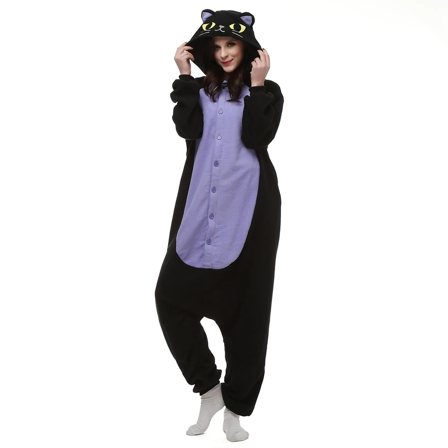 

Adults Polar Fleece Kigurumi Women Men Midnight Cat Cosplay Costume Cartoon Onesies Pajama Halloween Carnival Party Jumpsuit