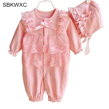 

Baby Rompers girls clothes baby costume sets lace jumpsuit+hat 2pcs overalls for children 0-9M pink red