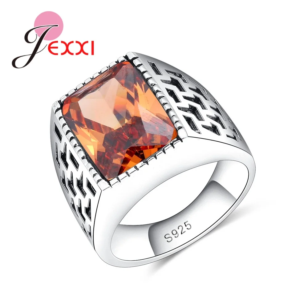 JEXXI Real 925 Silver Rings For Men Luxury Champagne CZ Stone Engagement Rings Cubic Zirconia Wedding Rings Men Jewelry Bijoux