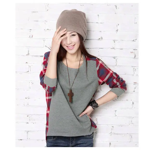 

ECTTC Casual Plaid Printed T Shirts Women O Neck Long Sleeve Tops 2019 Women Loose Shirts Camiseta Feminina Tee Shirt Femme Plus