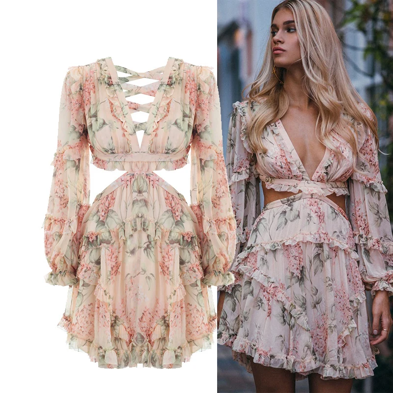 

Fannic Fashion pink Designer Runway Dress Women's Hollow Out Ruffles Floral Print Chiffon Mini Dress Sexy Backless Deep V neck