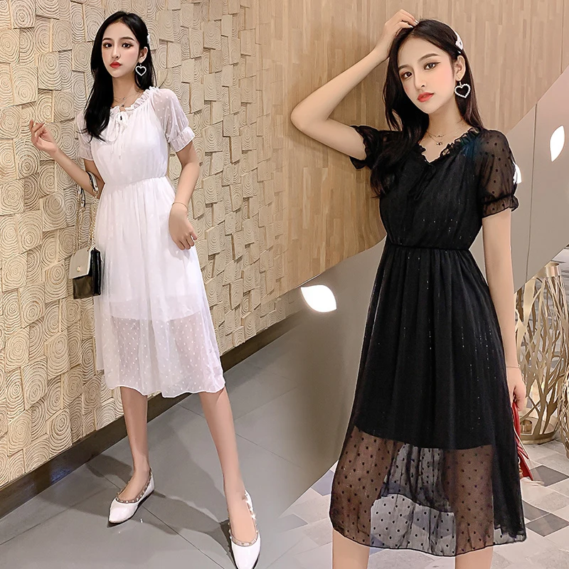 Casual Elegant Simple Black Dress Women Korean Style Grace Lady Lace-up Chiffon Dress Summer S-XL Short Sleeve White Robe Femme