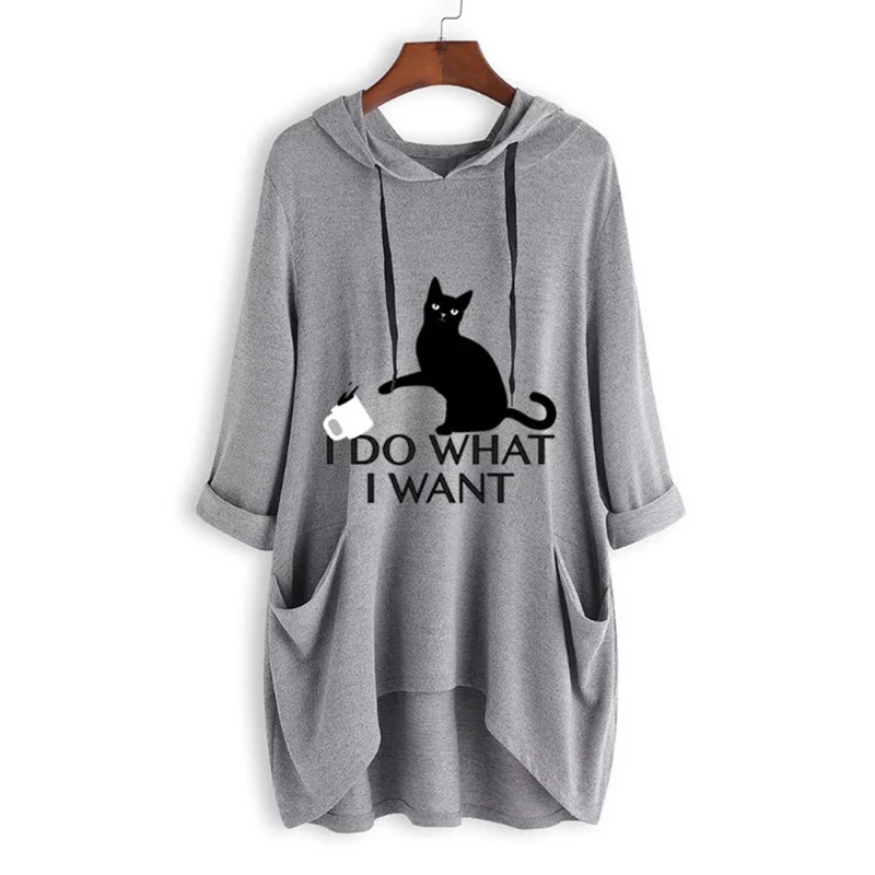 

2019 New Coming Women Hoodies Print Cat Letter Hooded Long Sleeve Roll Up Pockets Irregular Top Sweatshirts Ladies Tops Oversize