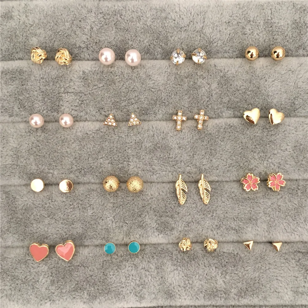 

CUTE GOLD PLATING VARIOUS SHAPE 16 PAIR STUD EARRING SET