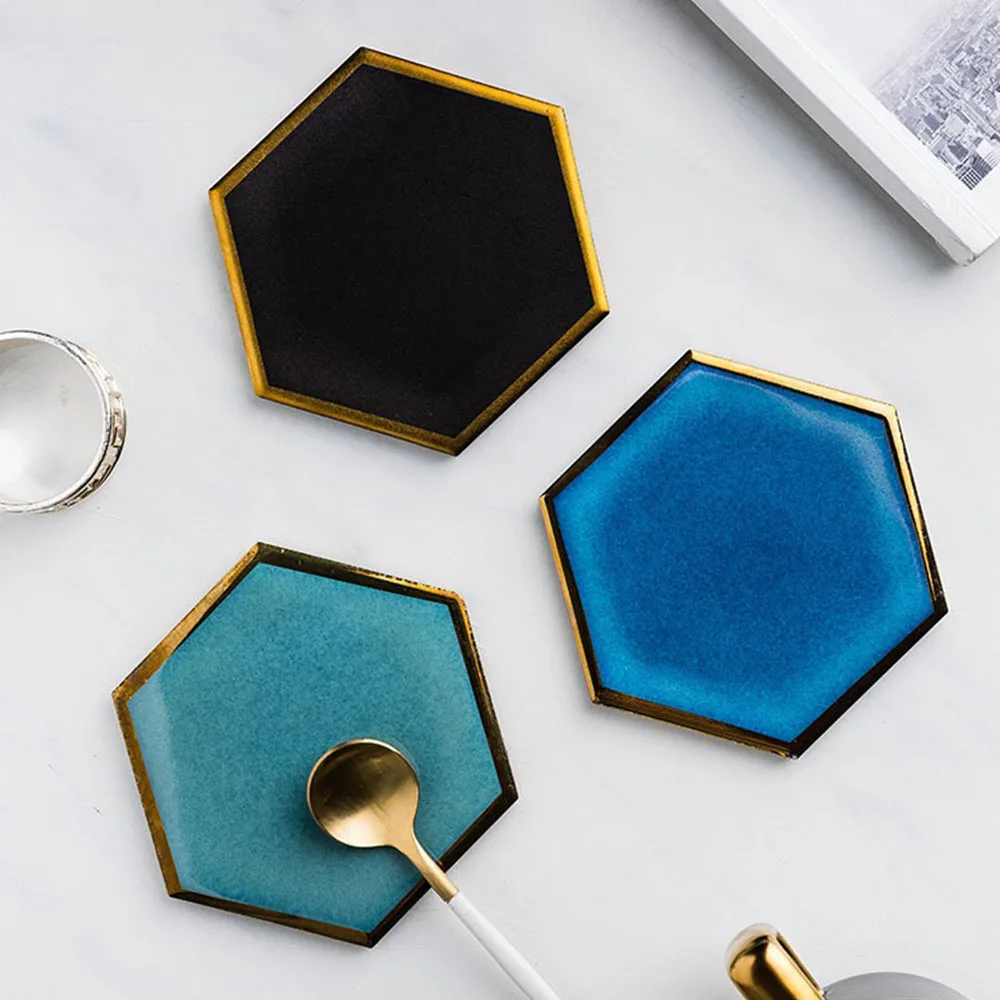 

Luxury Gold Plated Edge Ceramic Coaster Chic Hexagon Coffee Coaster Cup Mats Heat-insulated Non Slip Bowl Pad INS Decoration