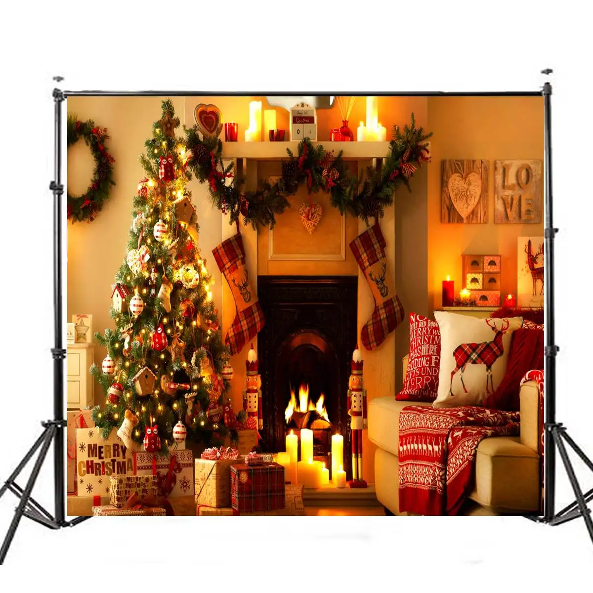 

7x5FT Photo Backdrops Christmas Tree Fireplace Stocking Photography Background 2018 New Arrival