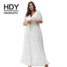 HDY Haoduoyi Досуг большого размера плюс классический элегантный белый v-образным вырезом блесток Длинные женские платья летние женские светильник вечерние платья