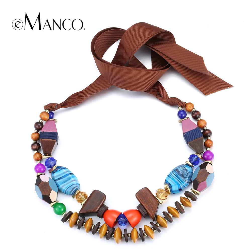 Colorful bead necklace multilayer rope necklaces for women wooden beaded resin adjustable handmade choker necklace eManco